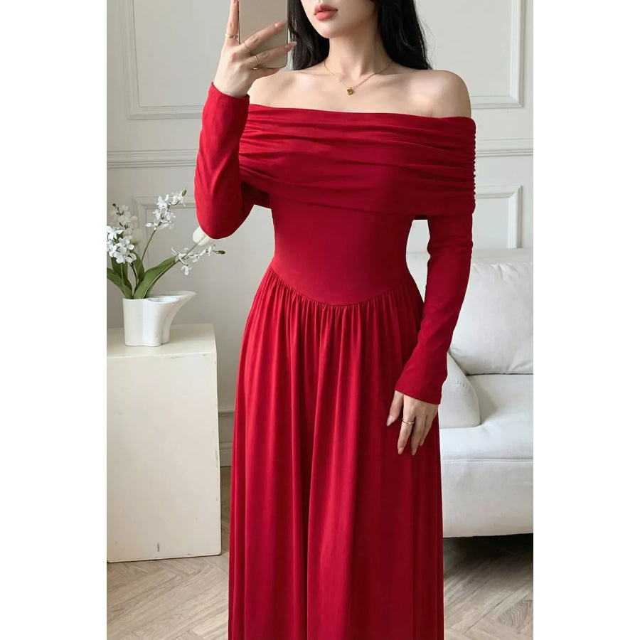 Off-Shoulder Ruched Bodycon Maxi Dress Apparel and Accessories