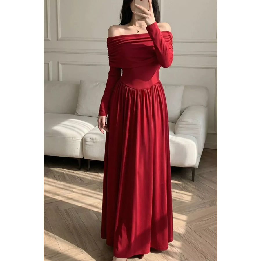 Off-Shoulder Ruched Bodycon Maxi Dress Deep Red / S Apparel and Accessories