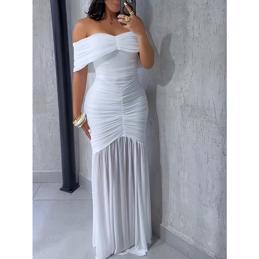 Off-Shoulder Ruched Bodycon Maxi Dress White / S Apparel and Accessories
