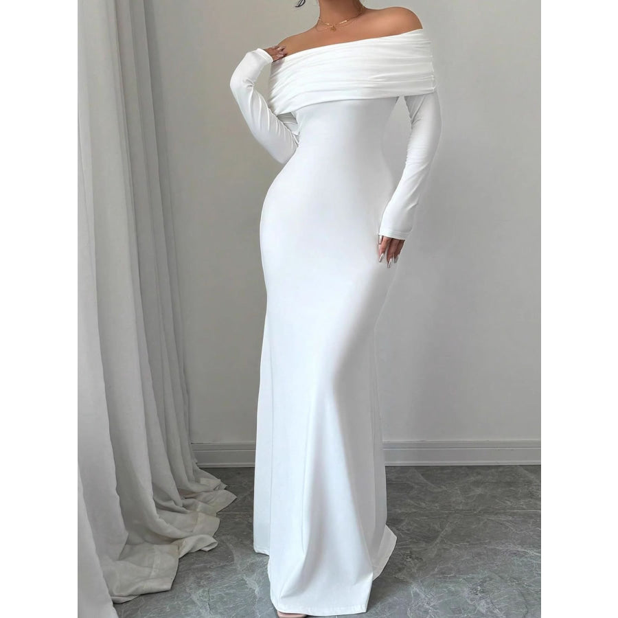 Off-Shoulder Ruched Bodycon Maxi Dress White / XS Apparel and Accessories