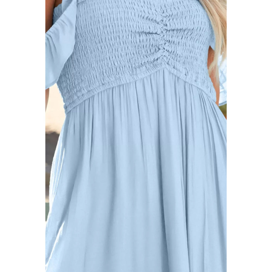 Off Shoulder Ruched Bust Sheer Slit Maxi Dress Apparel and Accessories