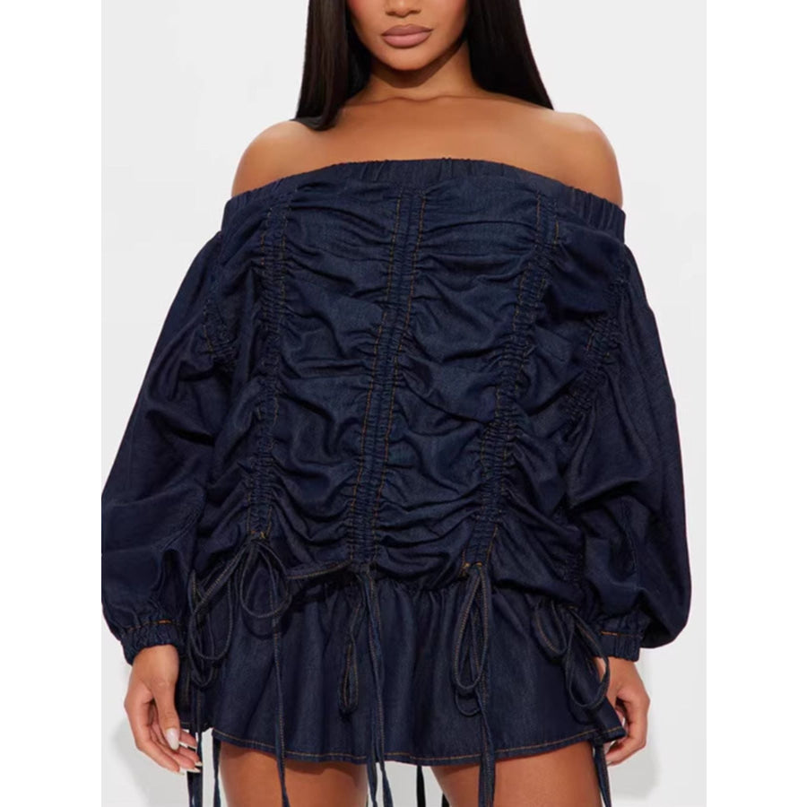 Off-Shoulder Ruched Denim Dress Apparel and Accessories