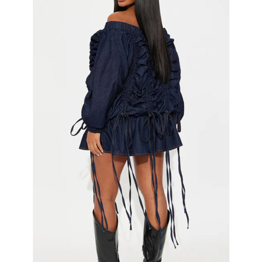 Off-Shoulder Ruched Denim Dress Dark Navy / S Apparel and Accessories