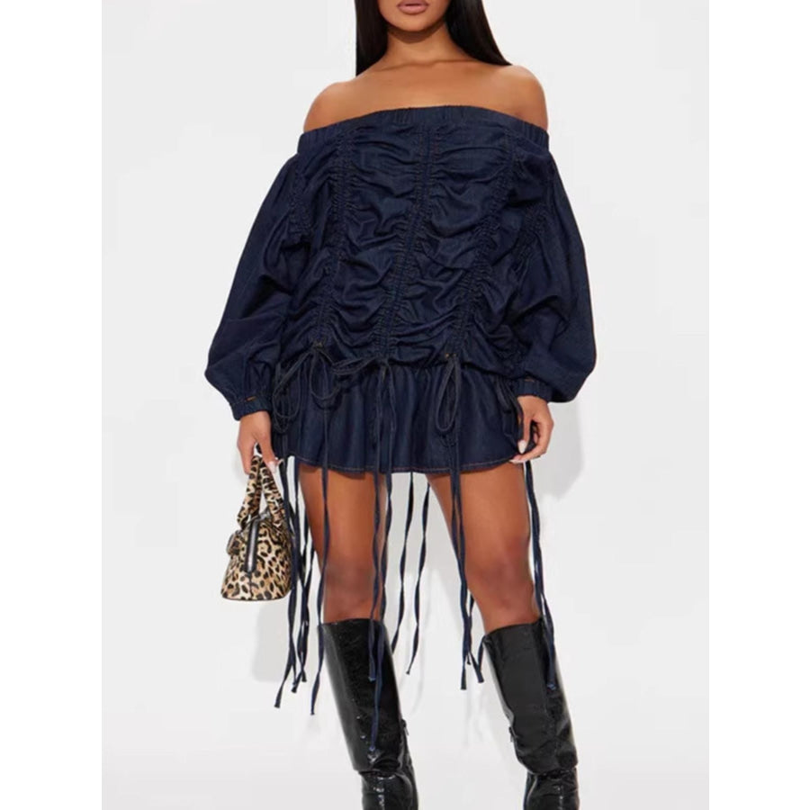 Off-Shoulder Ruched Denim Dress Dark Navy / S Apparel and Accessories