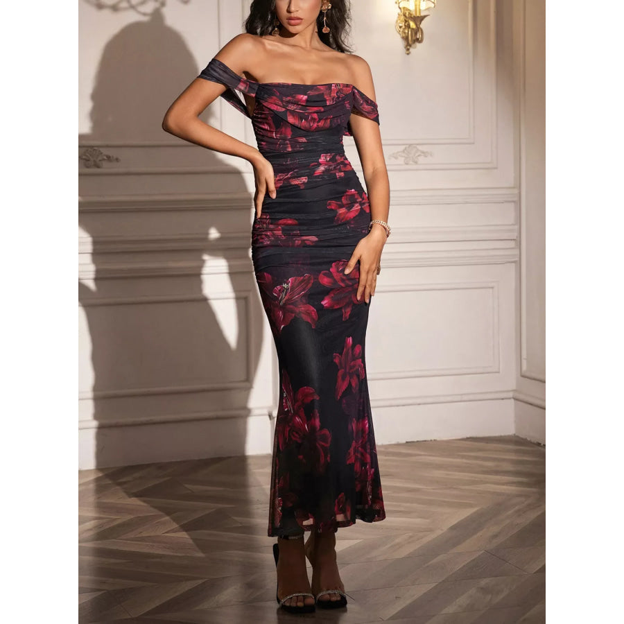 Off-Shoulder Ruched Floral Mermaid Dress Apparel and Accessories