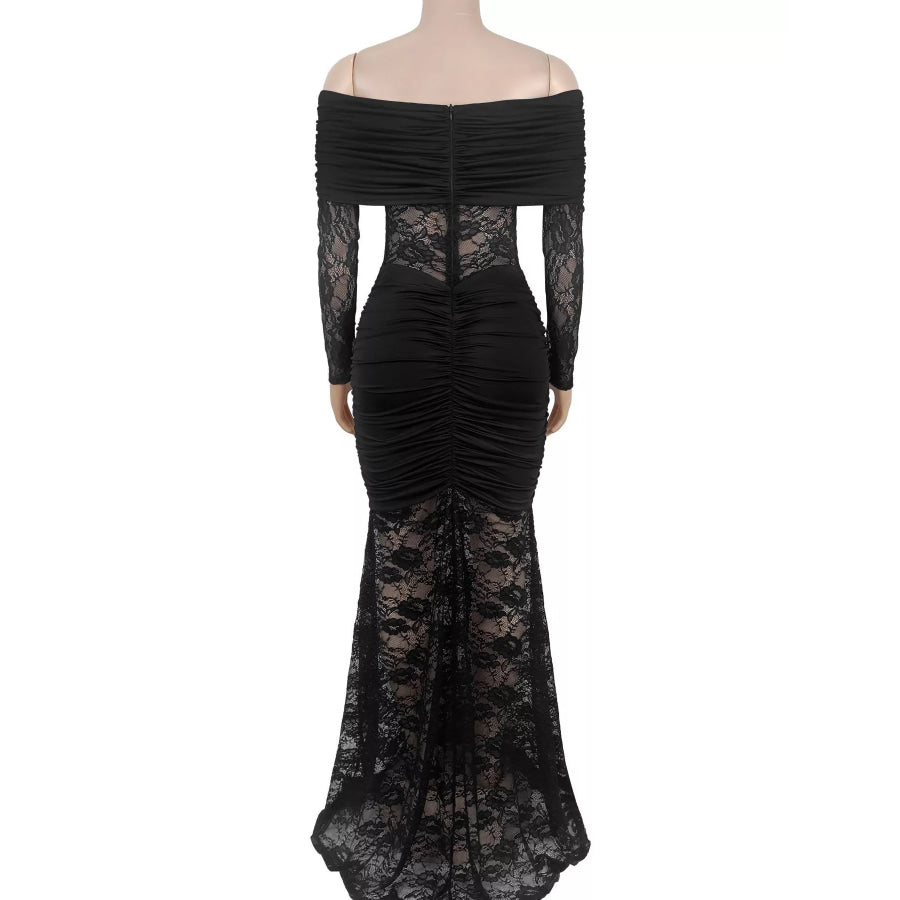 Off-Shoulder Ruched Lace Mermaid Maxi Dress Apparel and Accessories