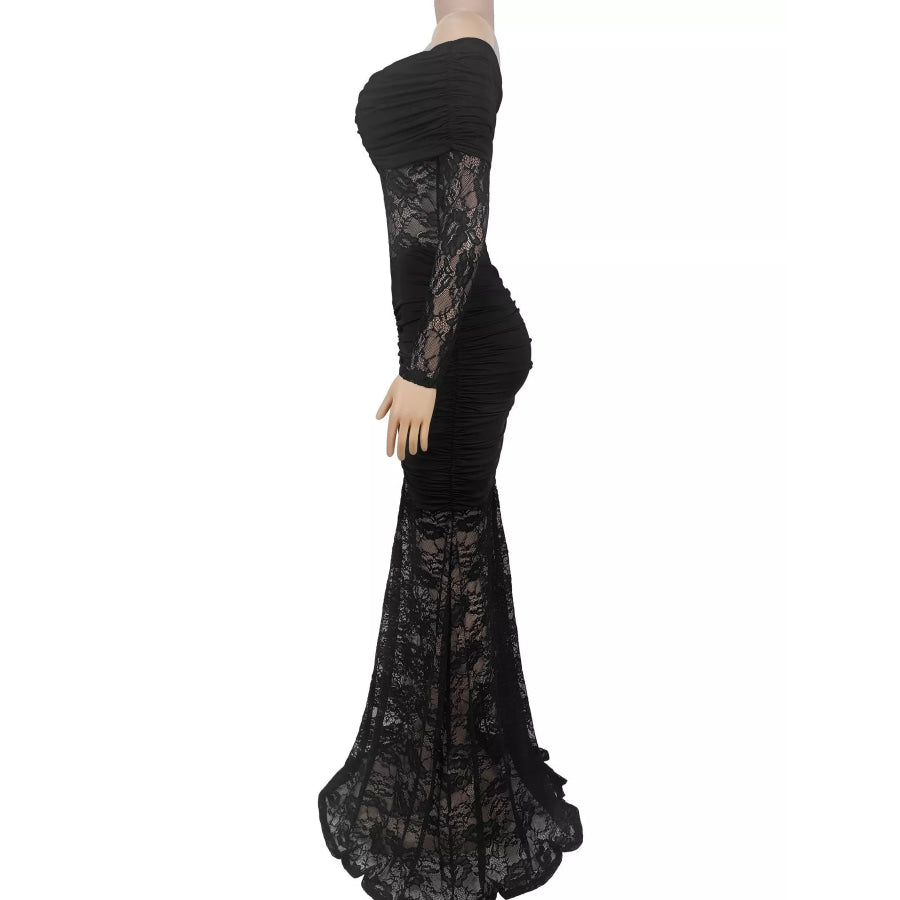Off-Shoulder Ruched Lace Mermaid Maxi Dress Apparel and Accessories