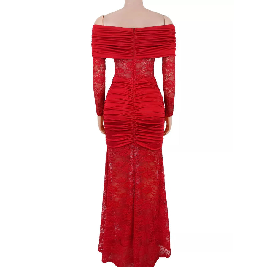 Off-Shoulder Ruched Lace Mermaid Maxi Dress Apparel and Accessories