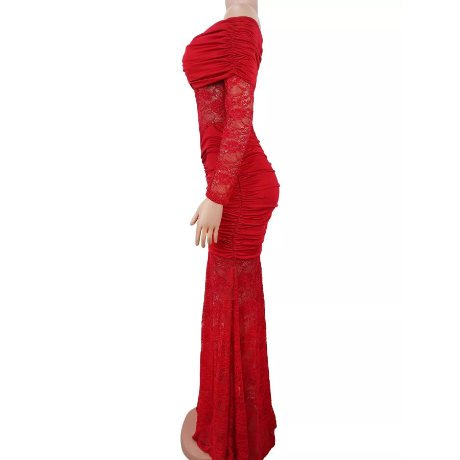 Off-Shoulder Ruched Lace Mermaid Maxi Dress Apparel and Accessories