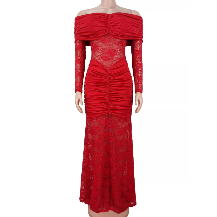 Off-Shoulder Ruched Lace Mermaid Maxi Dress Apparel and Accessories