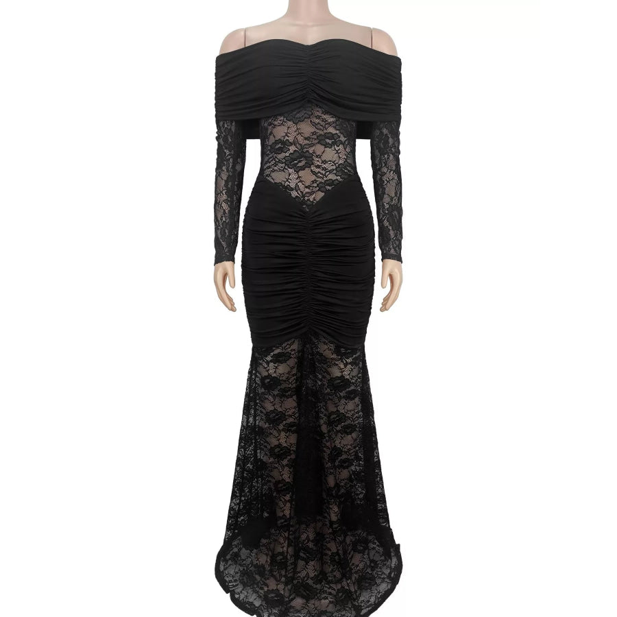 Off-Shoulder Ruched Lace Mermaid Maxi Dress Apparel and Accessories