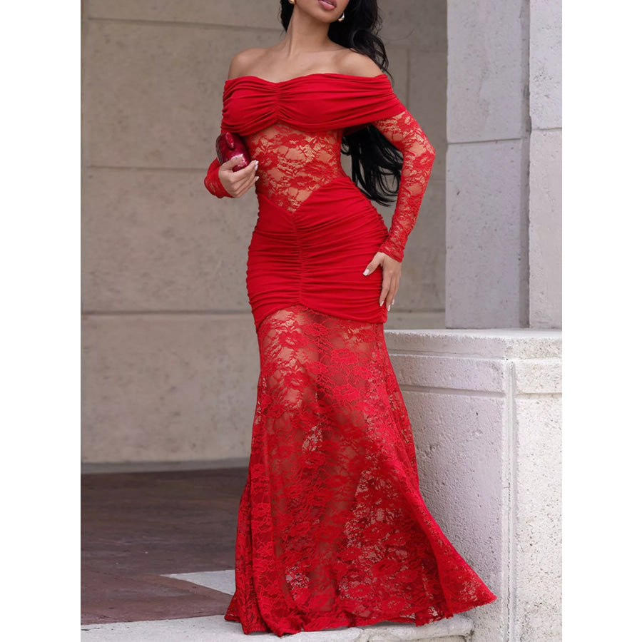 Off-Shoulder Ruched Lace Mermaid Maxi Dress Red / S Apparel and Accessories