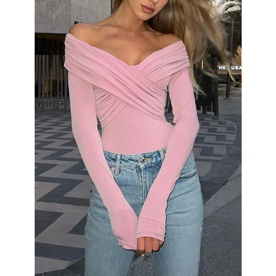 Off-Shoulder Ruched Long Sleeve Bodysuit Apparel and Accessories