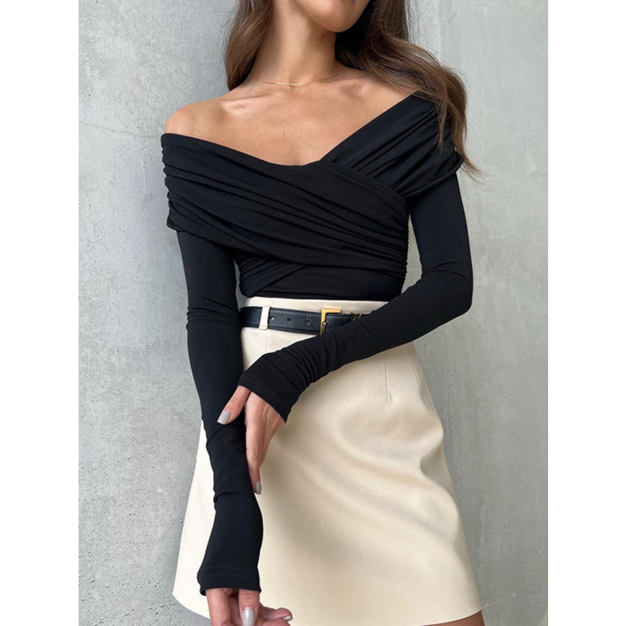 Off-Shoulder Ruched Long Sleeve Bodysuit Black / S Apparel and Accessories