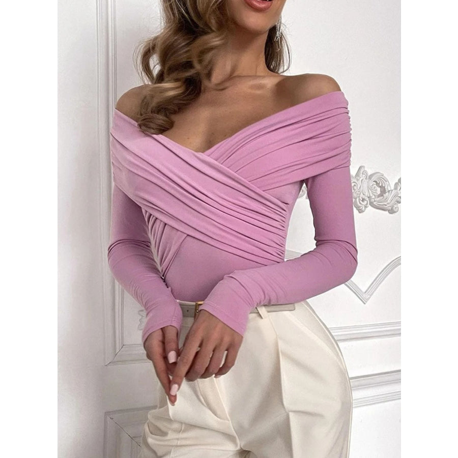 Off-Shoulder Ruched Long Sleeve Bodysuit Pink / S Apparel and Accessories