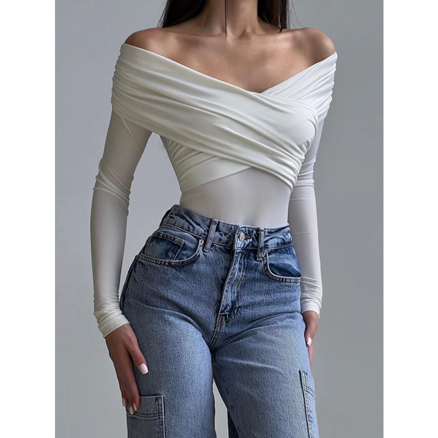 Off-Shoulder Ruched Long Sleeve Bodysuit White / S Apparel and Accessories