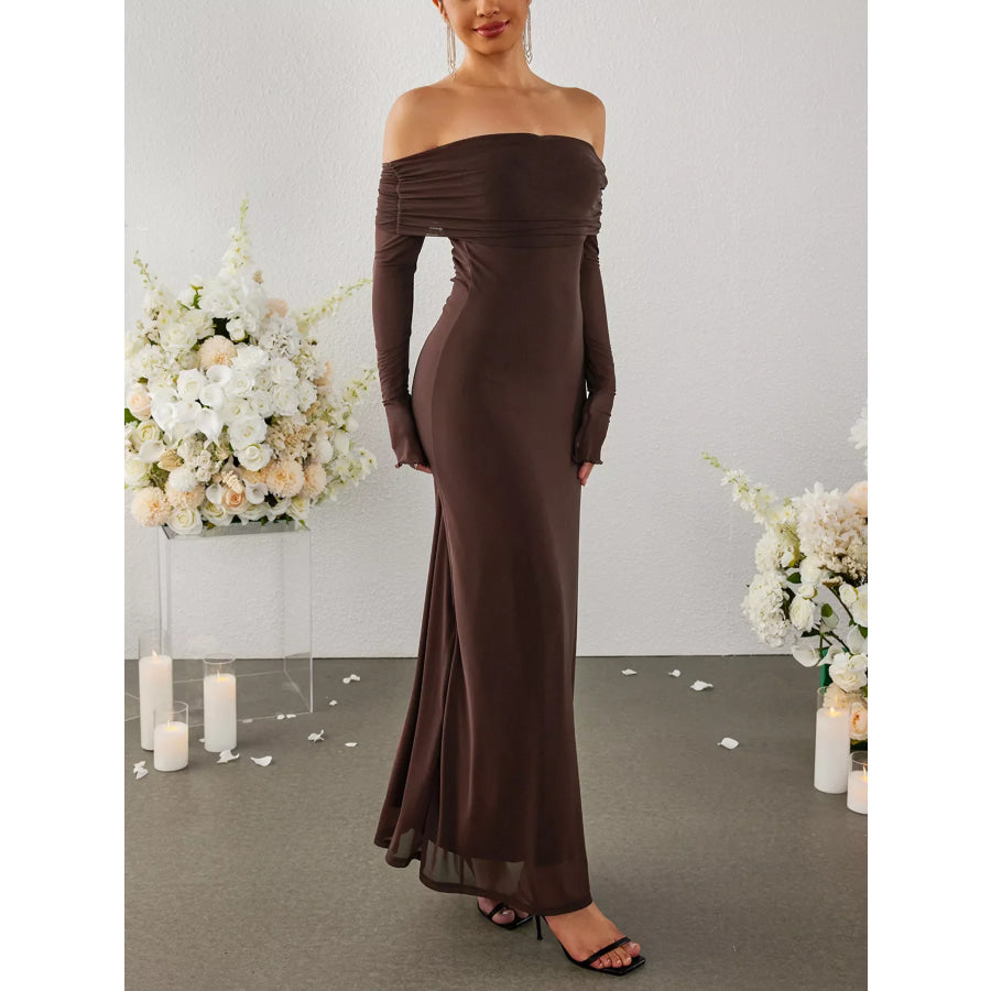 Off-Shoulder Ruched Long Sleeve Maxi Dress Apparel and Accessories