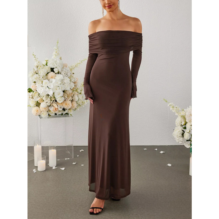 Off-Shoulder Ruched Long Sleeve Maxi Dress Apparel and Accessories