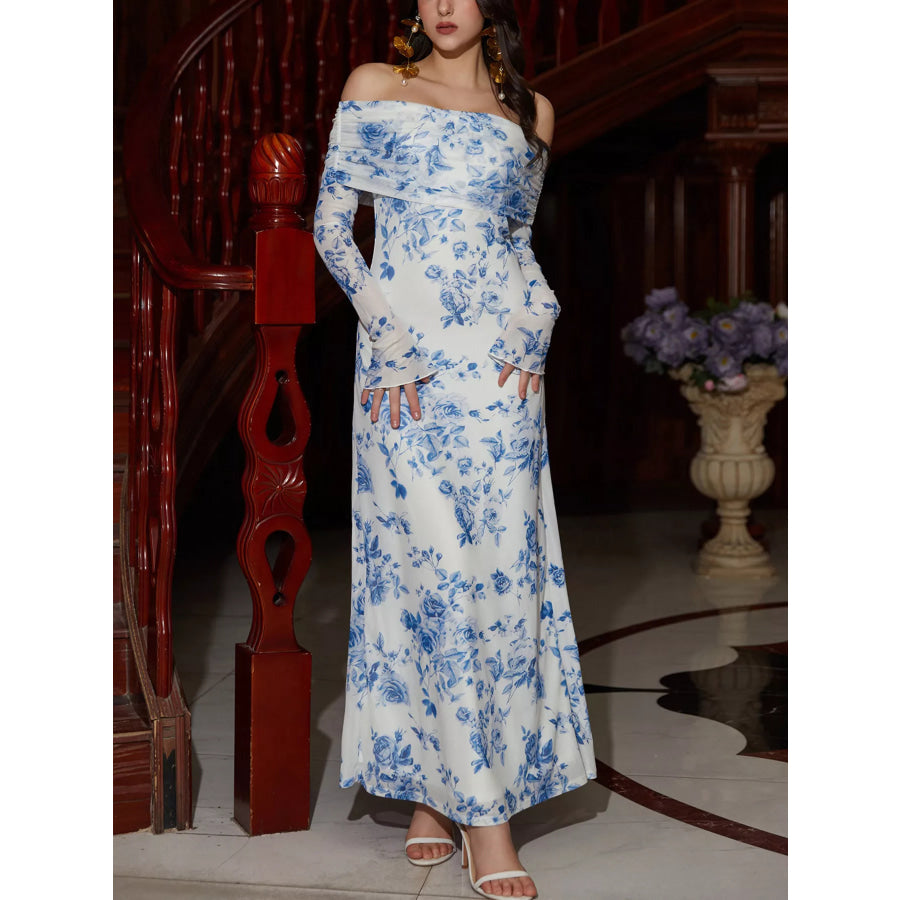 Off-Shoulder Ruched Long Sleeve Maxi Dress Apparel and Accessories