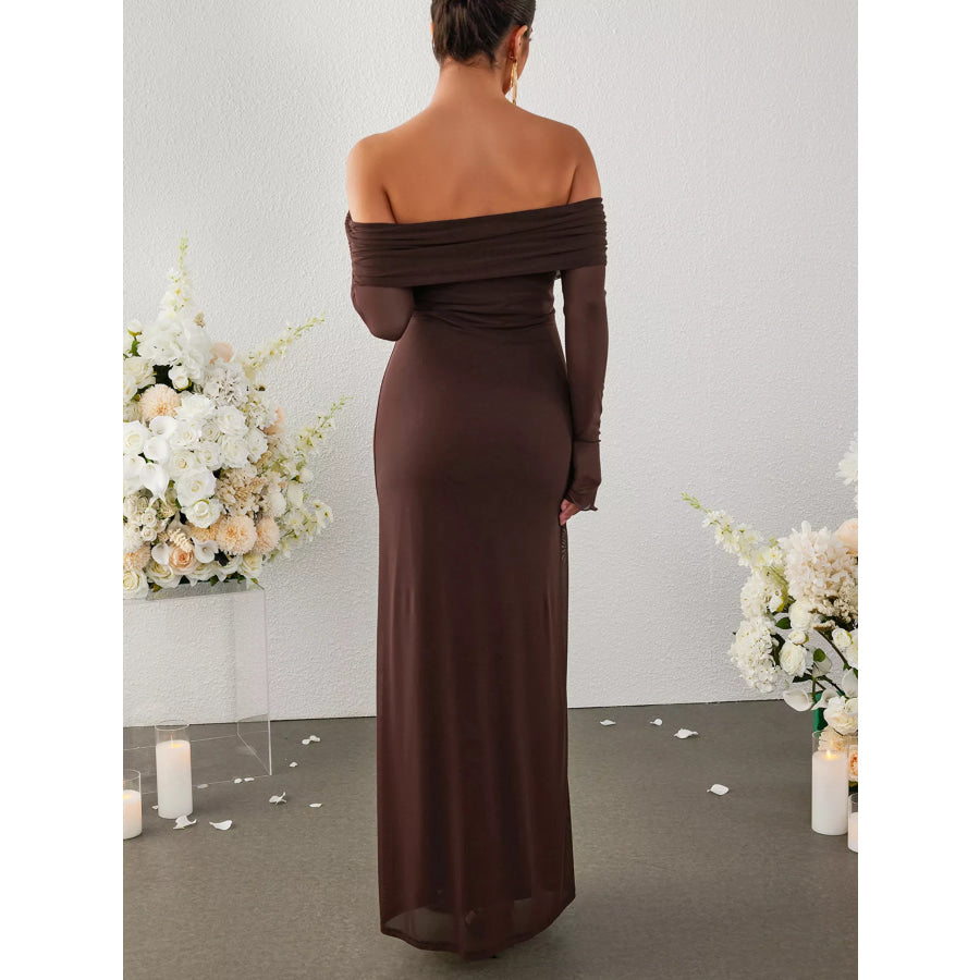 Off-Shoulder Ruched Long Sleeve Maxi Dress Apparel and Accessories