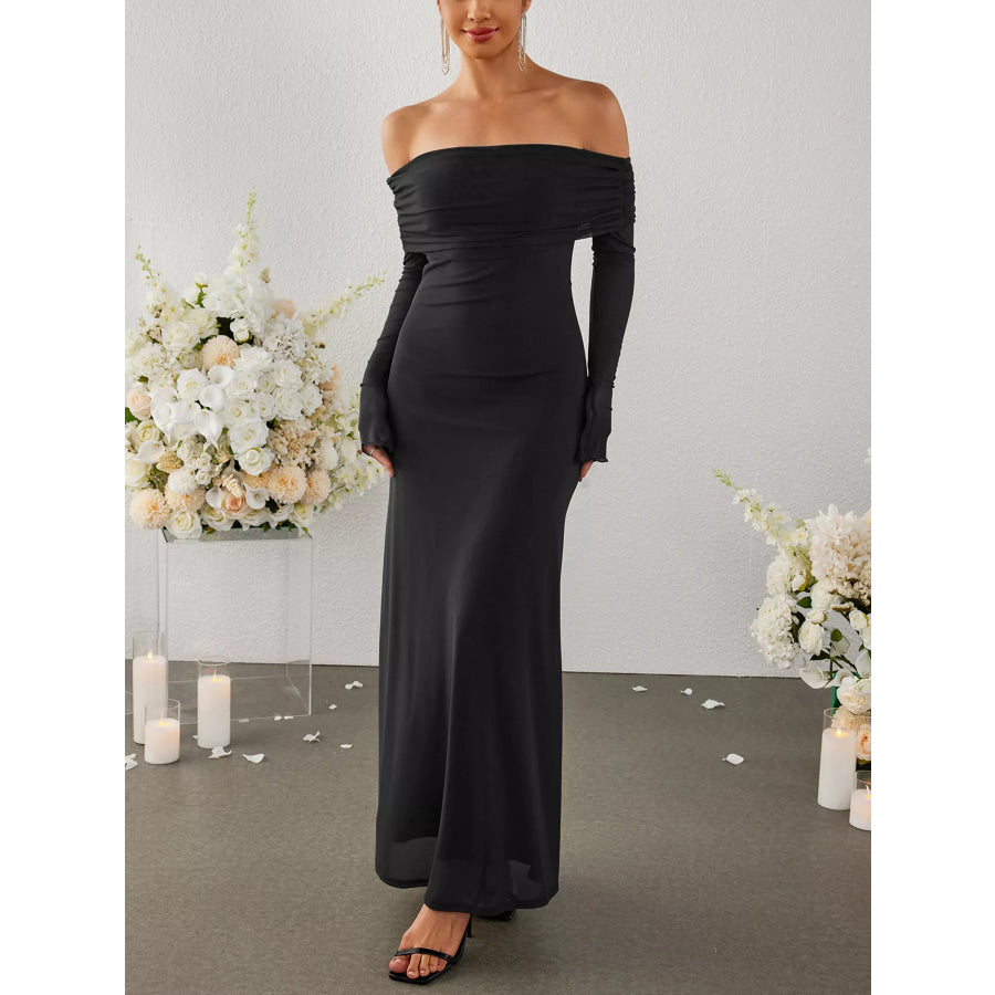 Off-Shoulder Ruched Long Sleeve Maxi Dress Apparel and Accessories