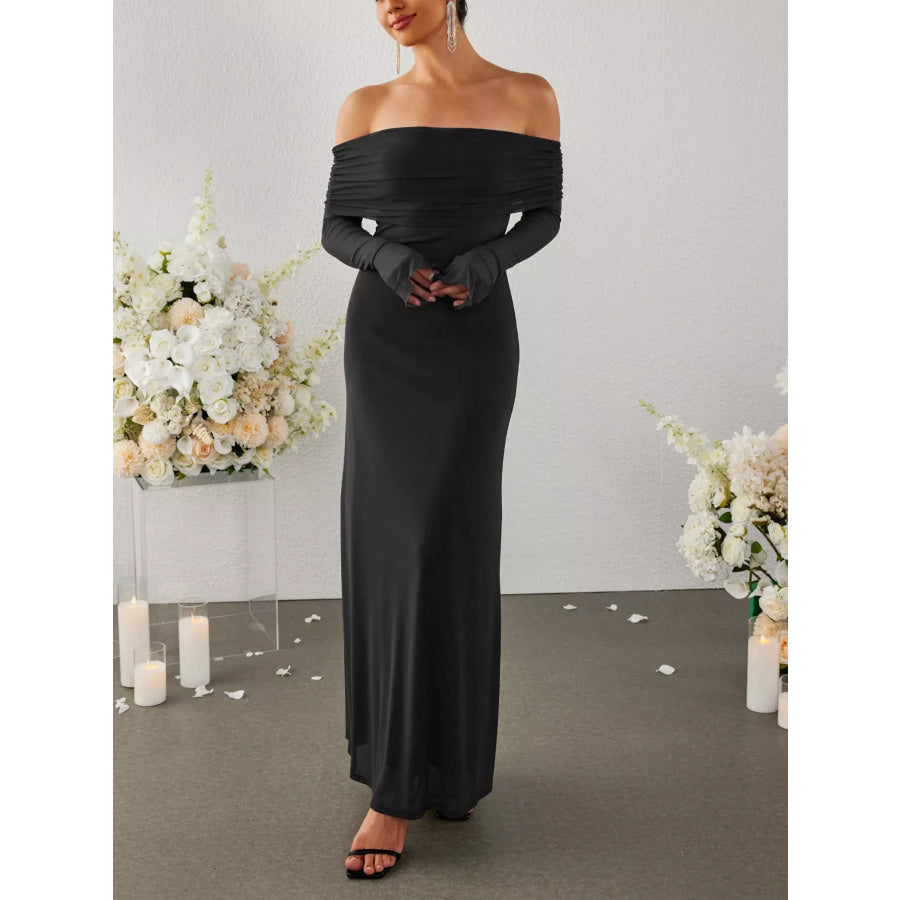Off-Shoulder Ruched Long Sleeve Maxi Dress Apparel and Accessories