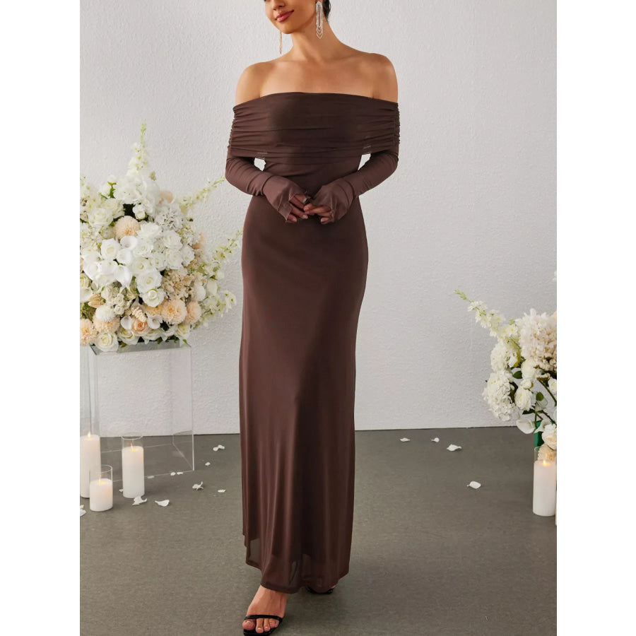 Off-Shoulder Ruched Long Sleeve Maxi Dress Apparel and Accessories
