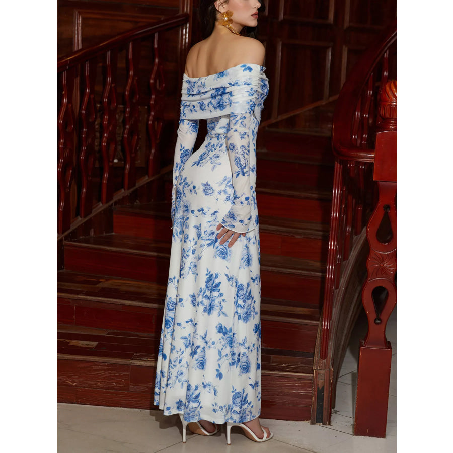 Off-Shoulder Ruched Long Sleeve Maxi Dress Apparel and Accessories