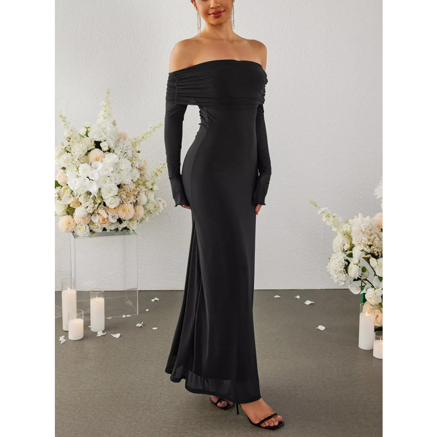 Off-Shoulder Ruched Long Sleeve Maxi Dress Apparel and Accessories
