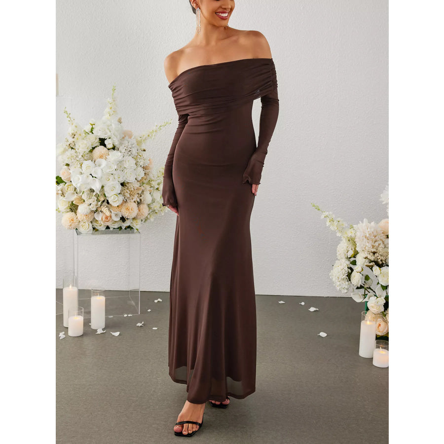 Off-Shoulder Ruched Long Sleeve Maxi Dress Apparel and Accessories
