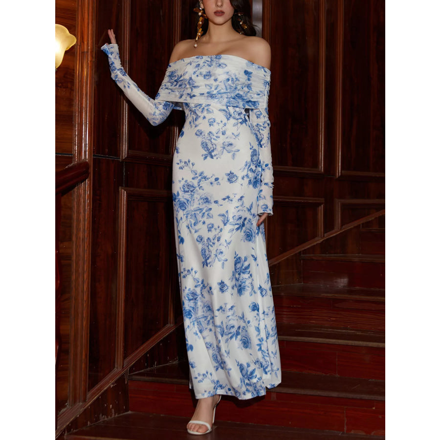 Off-Shoulder Ruched Long Sleeve Maxi Dress Apparel and Accessories