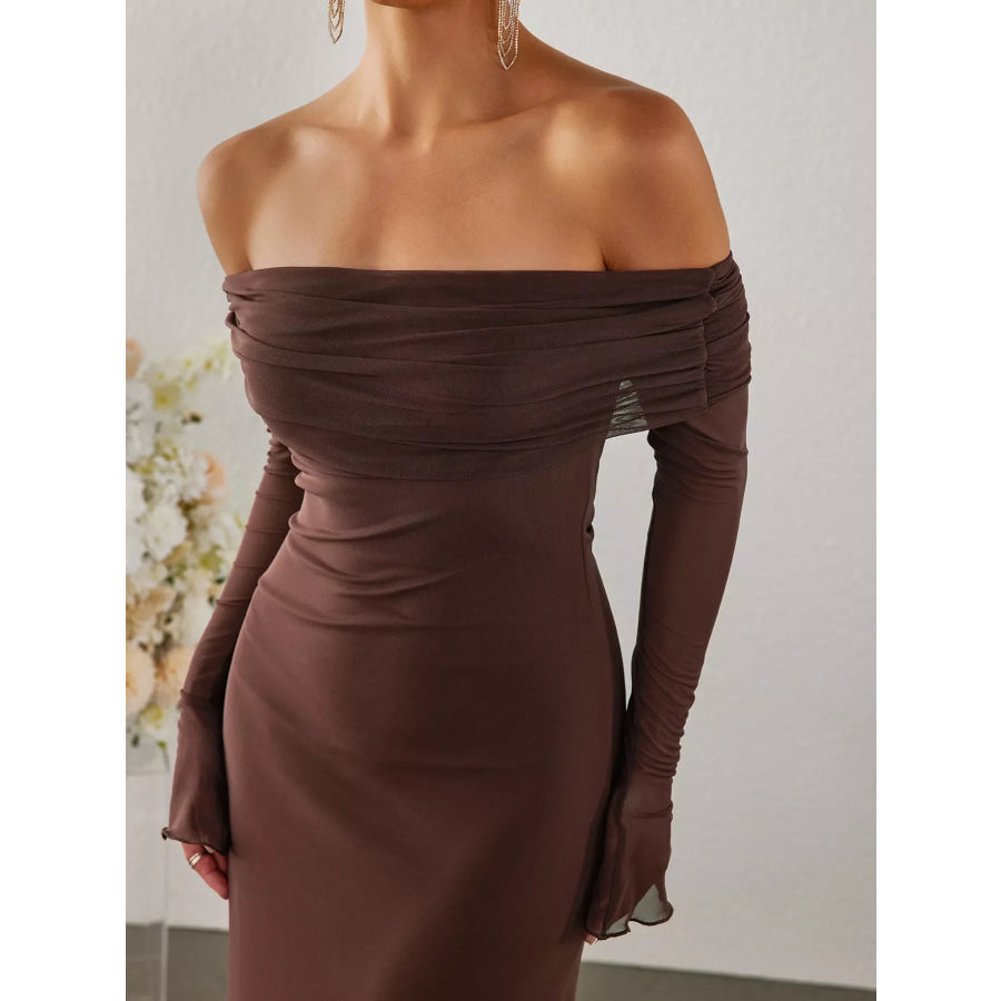 Off-Shoulder Ruched Long Sleeve Maxi Dress Apparel and Accessories