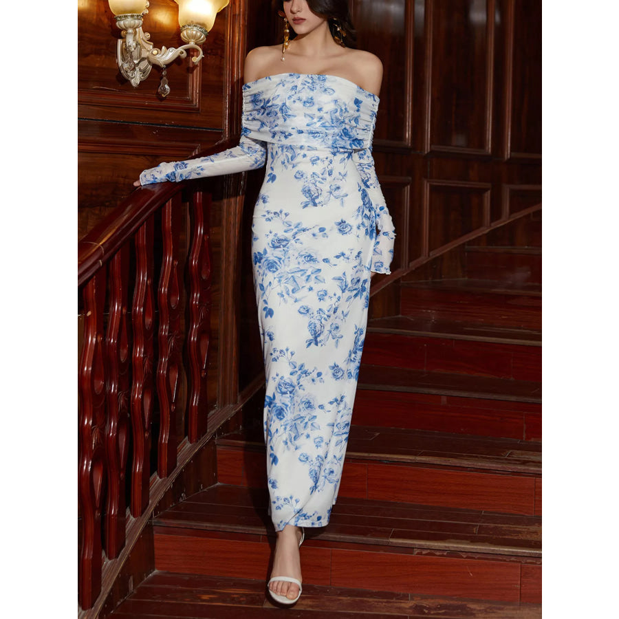 Off-Shoulder Ruched Long Sleeve Maxi Dress Apparel and Accessories