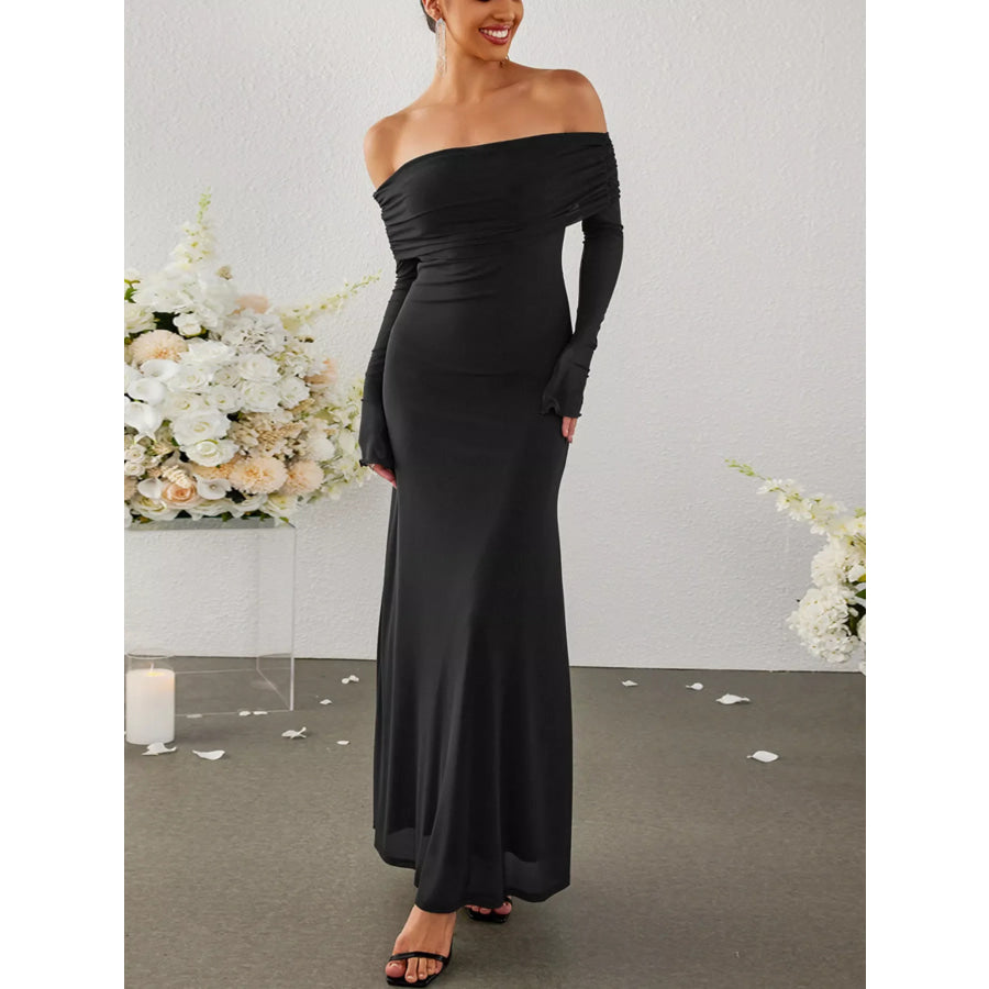 Off-Shoulder Ruched Long Sleeve Maxi Dress Black / XS Apparel and Accessories
