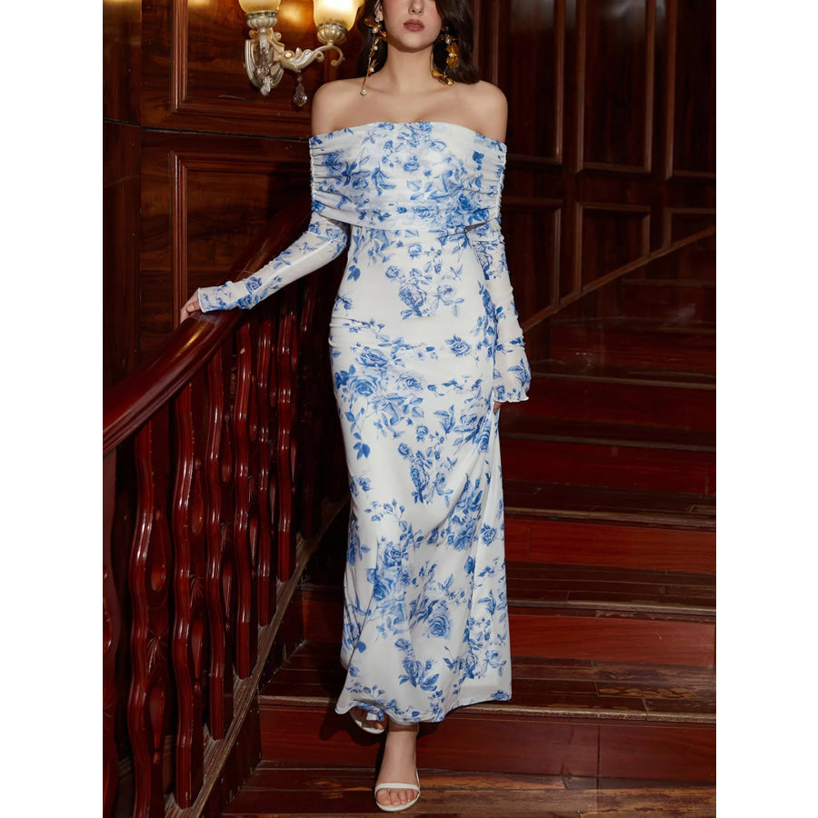 Off-Shoulder Ruched Long Sleeve Maxi Dress Blue Print / XS Apparel and Accessories