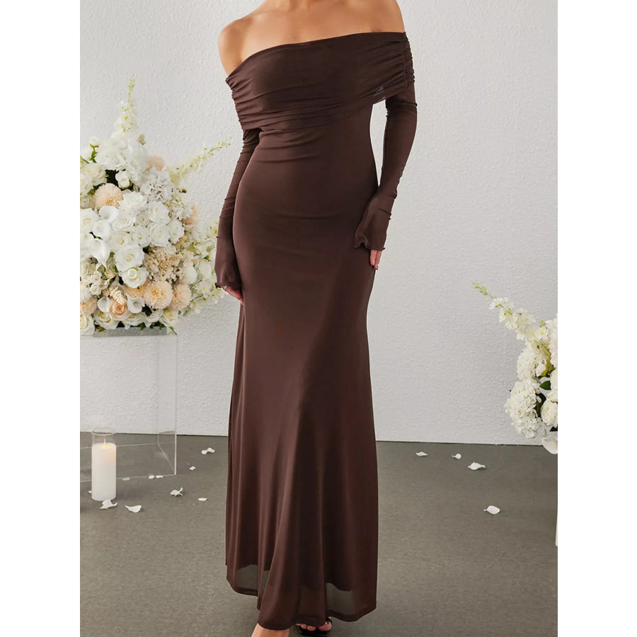 Off-Shoulder Ruched Long Sleeve Maxi Dress Brown / XS Apparel and Accessories