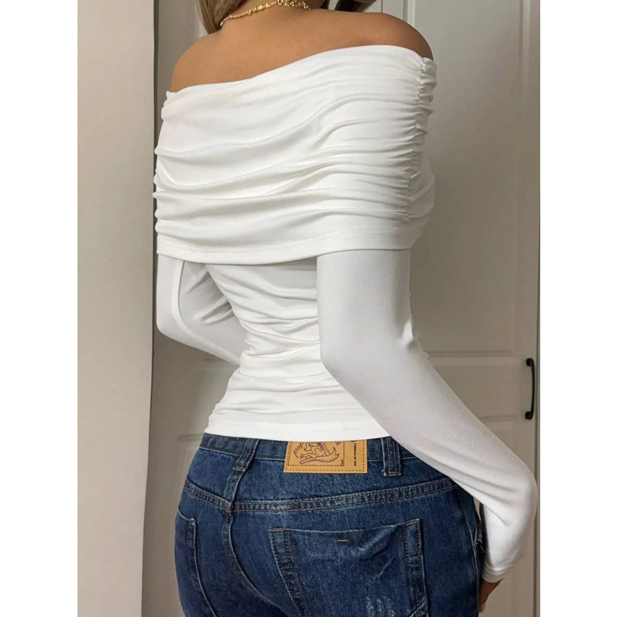 Off-Shoulder Ruched Long Sleeve T-Shirt Apparel and Accessories