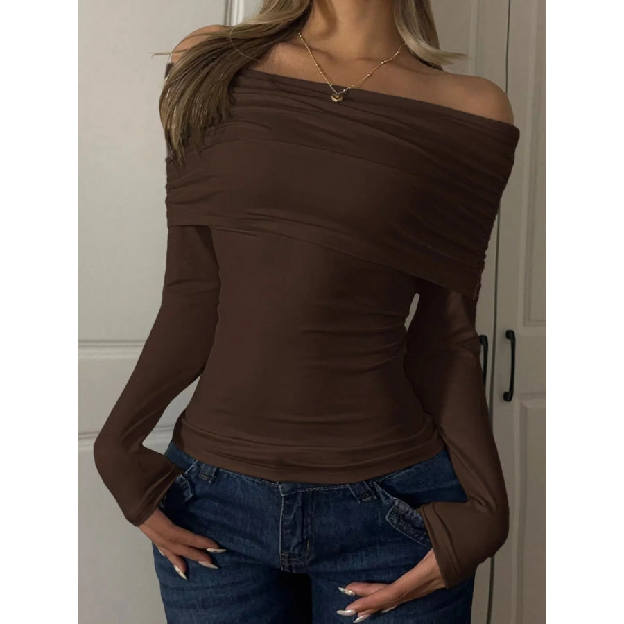 Off-Shoulder Ruched Long Sleeve T-Shirt Apparel and Accessories