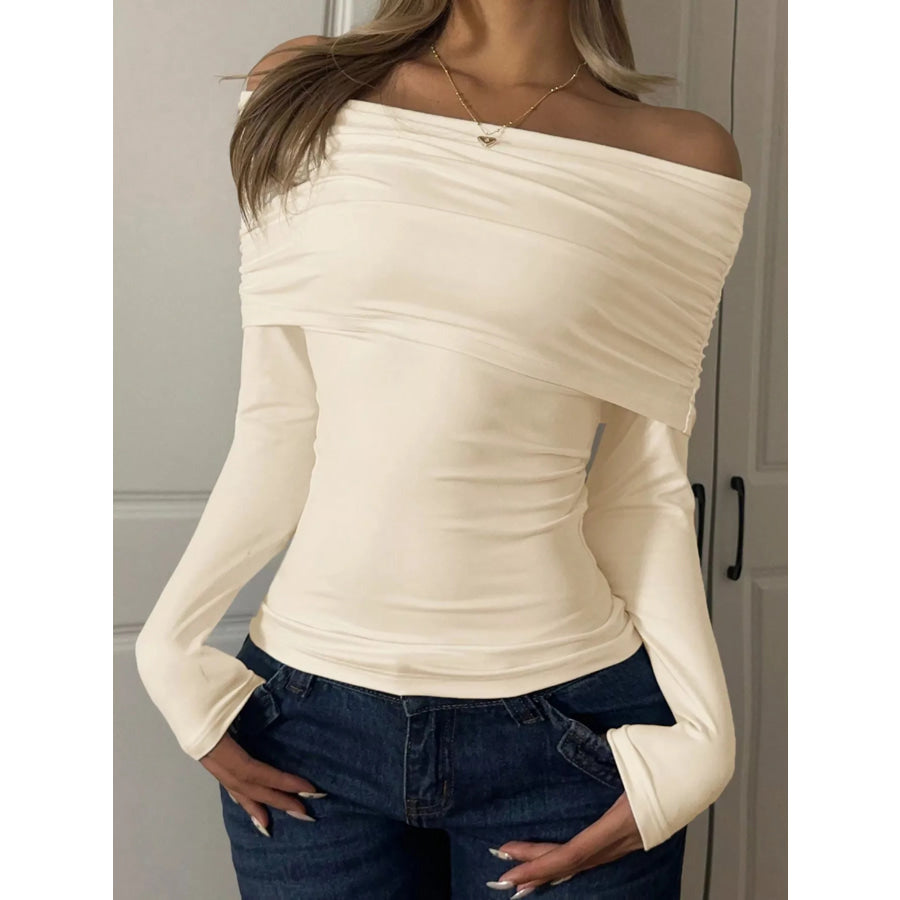 Off-Shoulder Ruched Long Sleeve T-Shirt Apparel and Accessories
