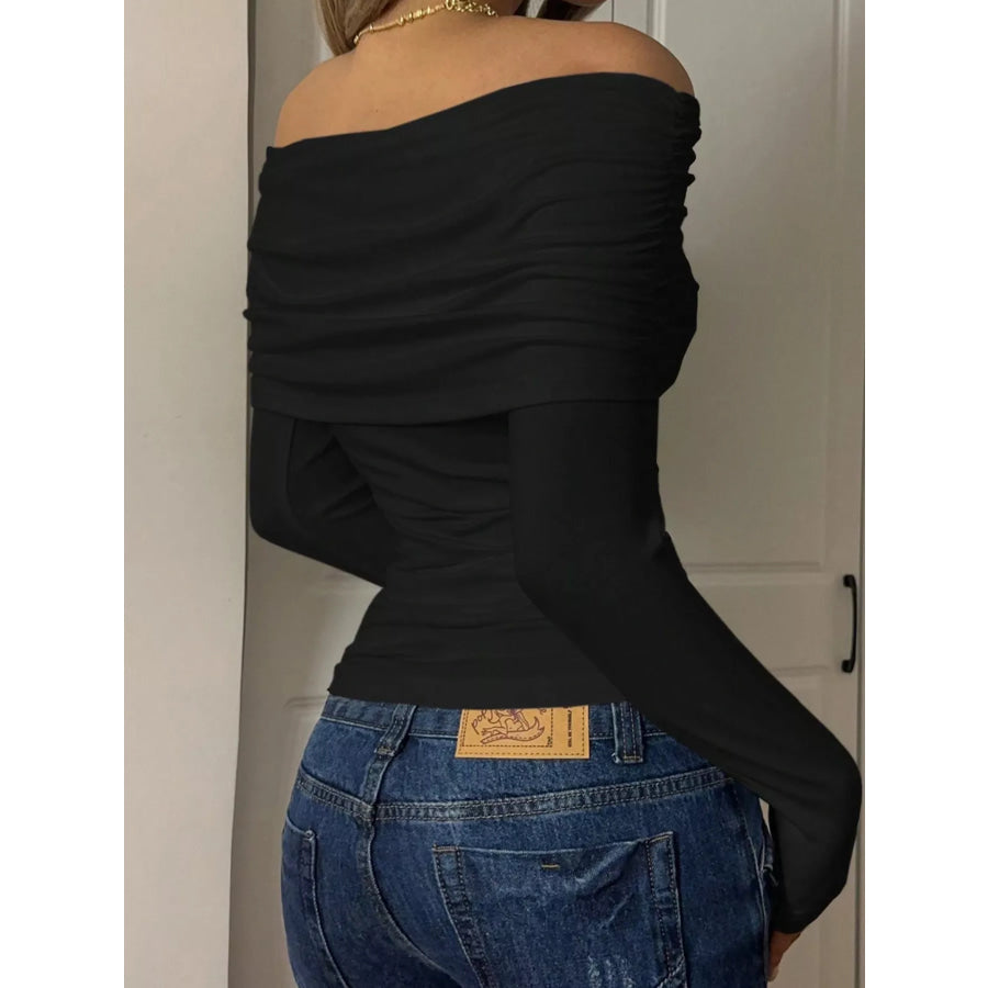 Off-Shoulder Ruched Long Sleeve T-Shirt Apparel and Accessories