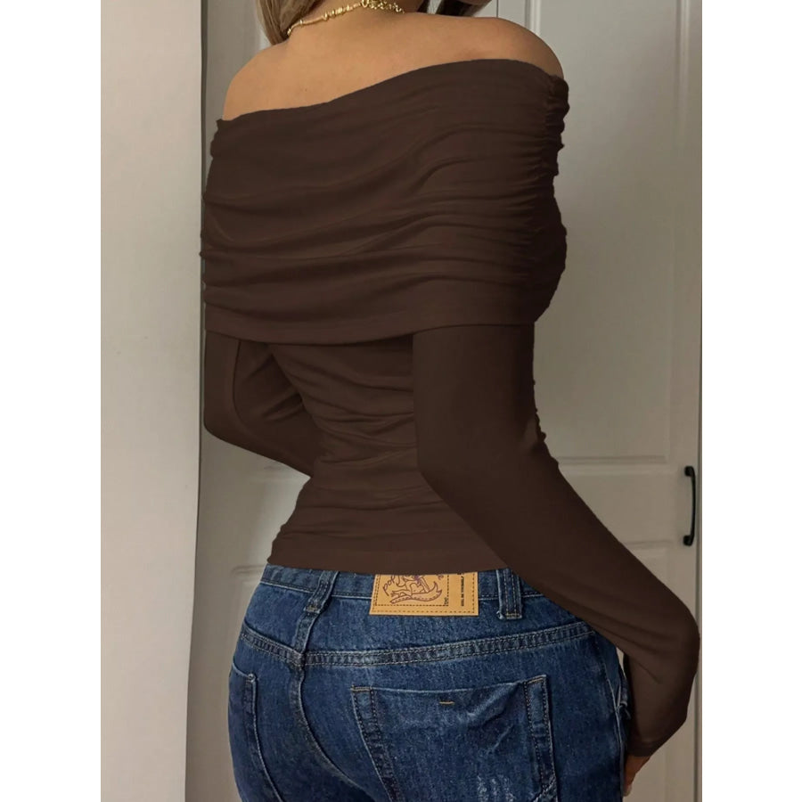 Off-Shoulder Ruched Long Sleeve T-Shirt Apparel and Accessories