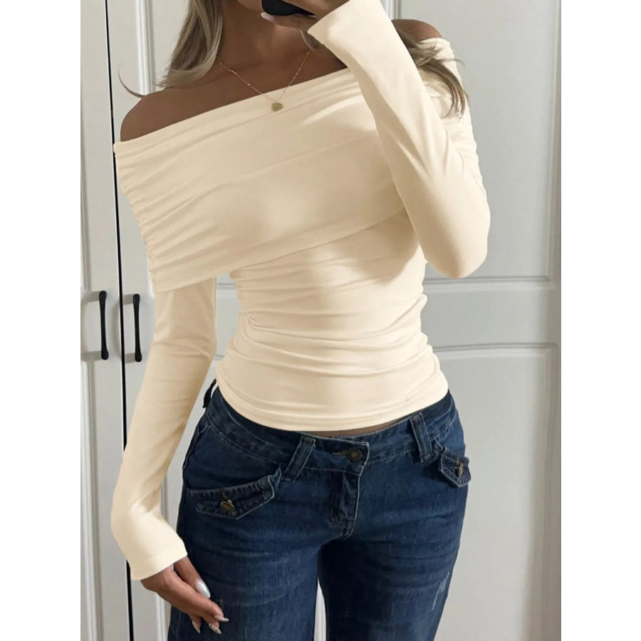 Off-Shoulder Ruched Long Sleeve T-Shirt Beige / S Apparel and Accessories