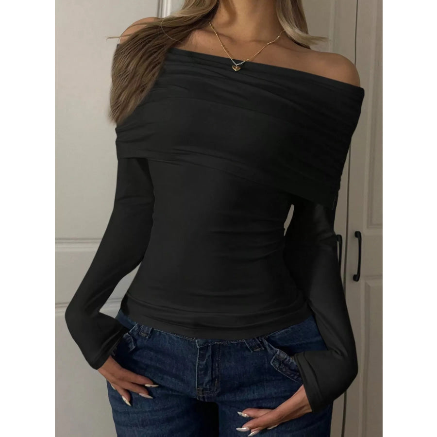 Off-Shoulder Ruched Long Sleeve T-Shirt Black / S Apparel and Accessories