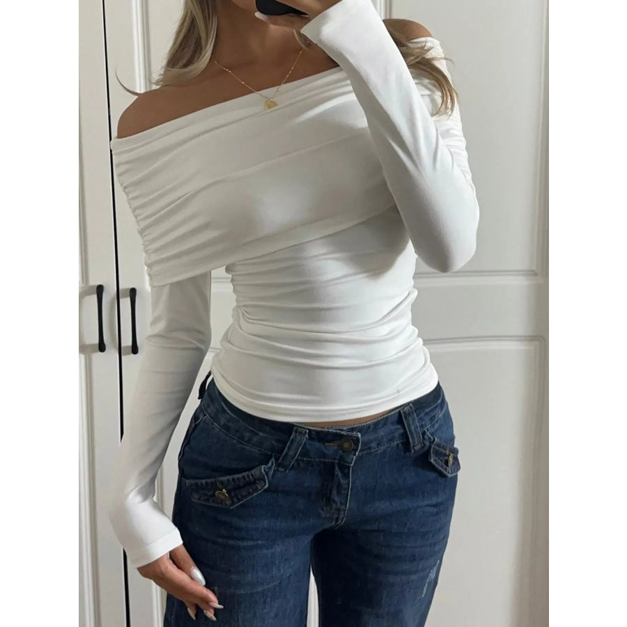 Off-Shoulder Ruched Long Sleeve T-Shirt White / S Apparel and Accessories