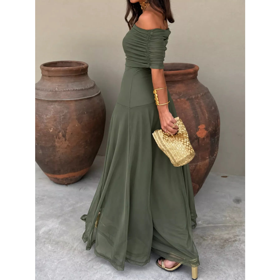 Off-Shoulder Ruched Maxi Dress Apparel and Accessories
