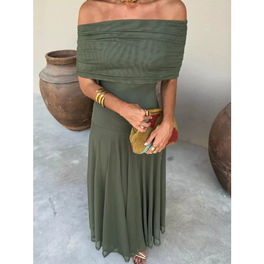 Off-Shoulder Ruched Maxi Dress Army Green / XS Apparel and Accessories