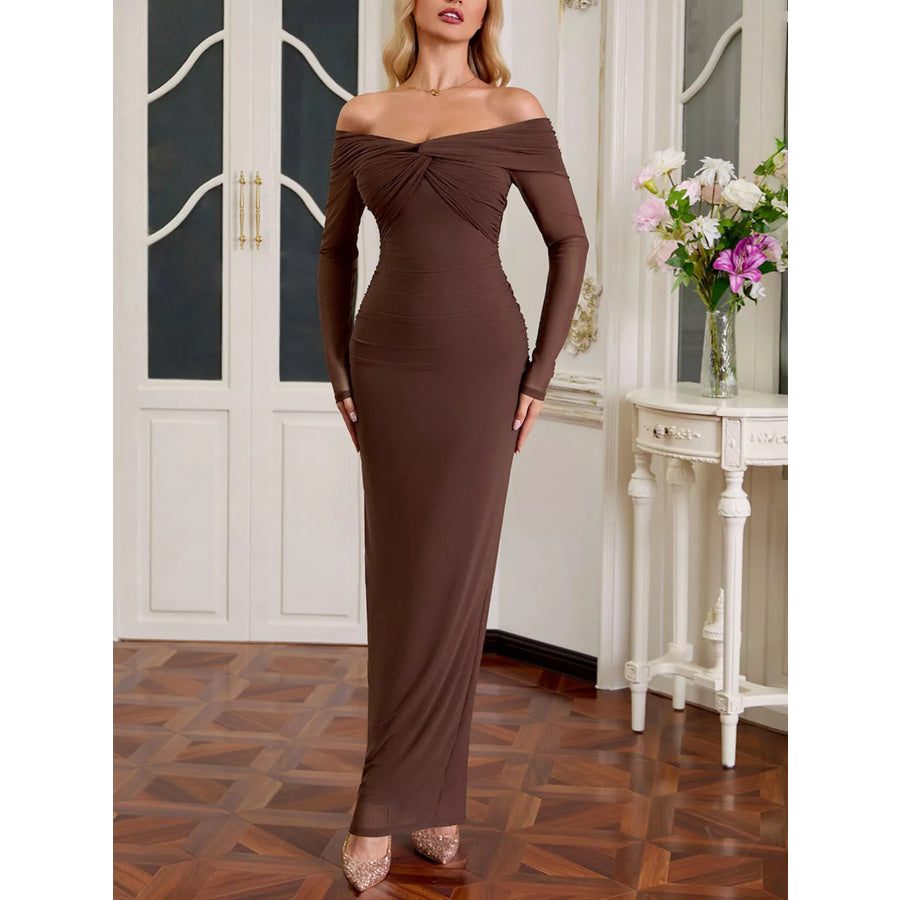 Off-Shoulder Ruched Maxi Dress Brown / XS Apparel and Accessories