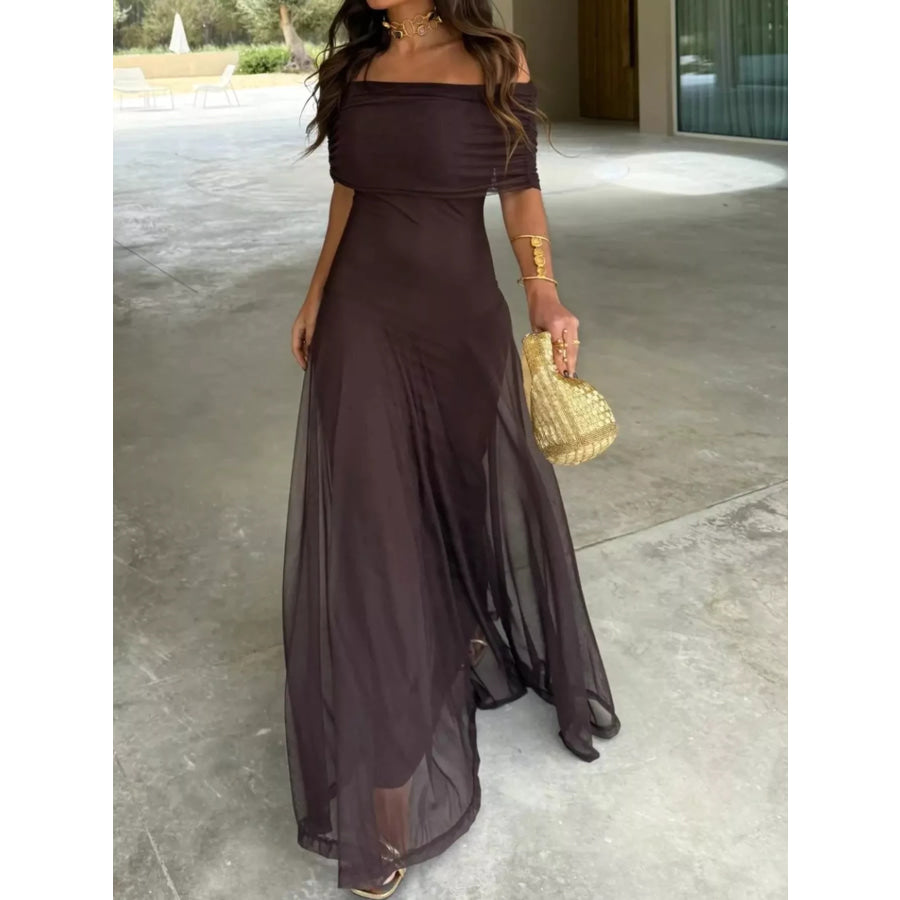 Off-Shoulder Ruched Maxi Dress Coffee / XS Apparel and Accessories