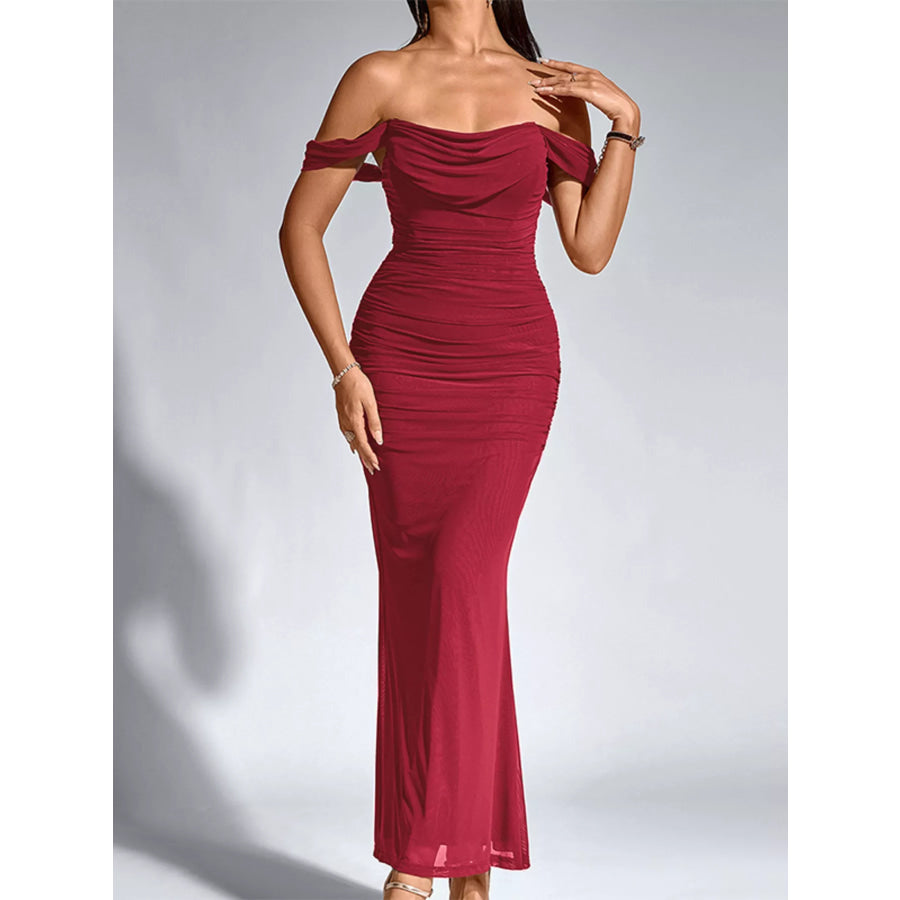 Off-Shoulder Ruched Mermaid Maxi Dress Burgundy / XS Apparel and Accessories