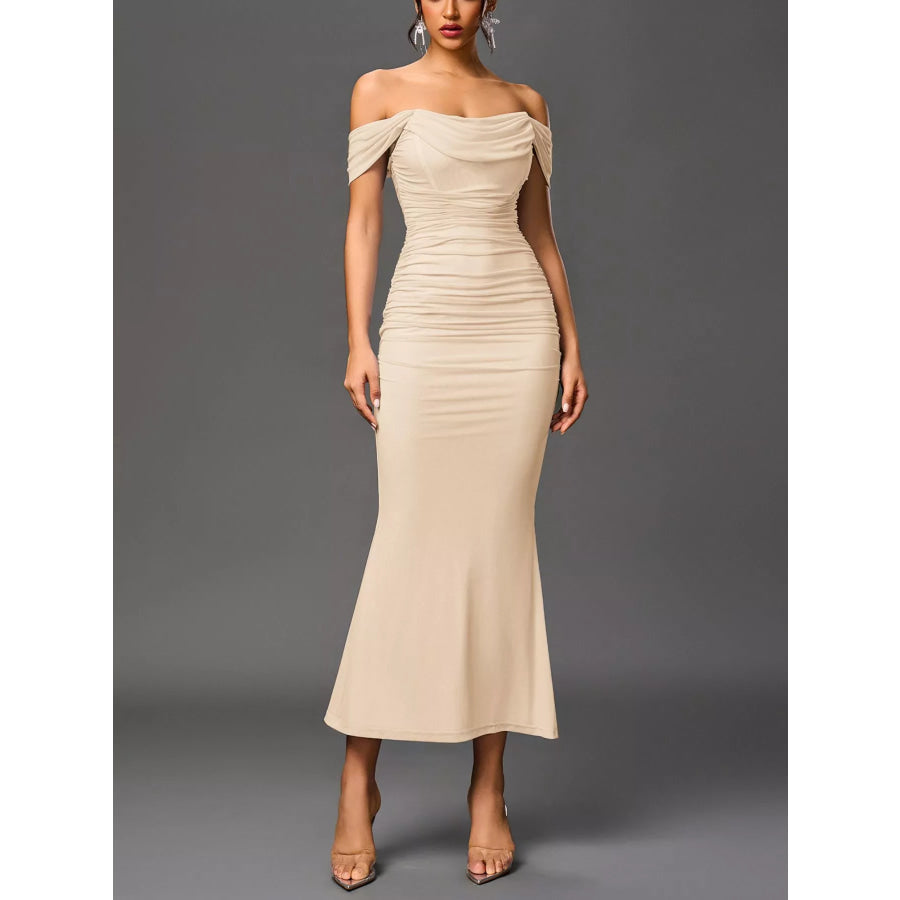 Off-Shoulder Ruched Mermaid Maxi Dress Apricot / XS Apparel and Accessories